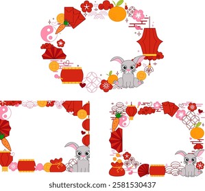 CNY Lantern festival of bunny rabbit 2035 oval frame set with chinese traditional elements and bunny. vector graphic line template set on transparent background
