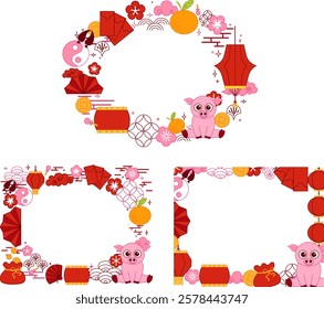 CNY Lantern festival of pig 2031 oval frame set with chinese traditional elements and horse.  vector graphic line template set on transparent background
