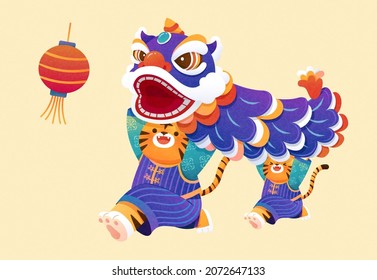 Elemento de danza del león CNY. Tigres adorables sostienen marioneta de baile de león chino y actúan alegremente en ocasiones para la feria del templo o el desfile del Festival de Primavera