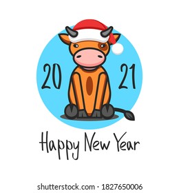 CNY logo Ox in the Santa Claus hat of 2021 Chinese new year symbol, cute cartoon baby bull, child illustration for holiday Happy New Year text, greeting card mockup.