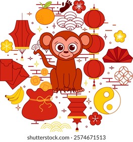 CNY monkey 2028 circle round composition vector typographic illustration of chinese new year traditional elements. vector graphic line illustration on transparent background
