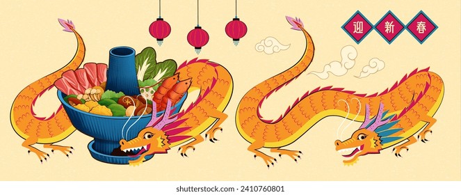 Nuevos años CNY víspera elementos con dragones y olla caliente aislados en el fondo beige. Texto: Bienvenida Primavera.