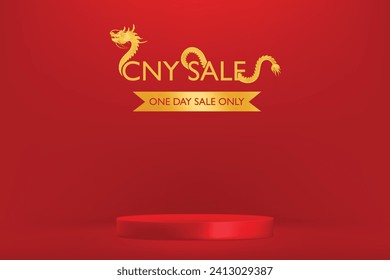 CNY one day sale promotion with  red podium. Abstract minimal scene mockup product stage showcase, Promotion display.