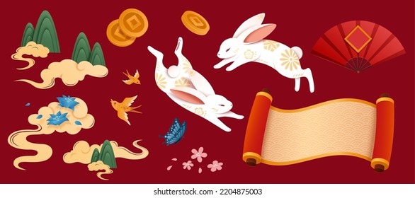 CNY oriental element set isolated on maroon background.. Rabbits with patterns, clouds, mountains, blossom, paper fan, birds, coins and butterfly.