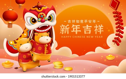 CNY parade banner. Cute baby cows performing lion dance with sunset landscape in the background. Chinese zodiac sign ox. Translation: Happy Chinese new year.