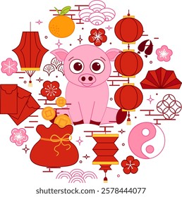 CNY pig 2031 circle round composition vector typographic illustration of chinese new year traditional elements. vector graphic line illustration on transparent background
