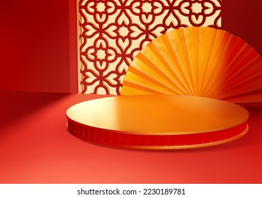 CNY product display background. 3D Round podium with semi circle folding screen and oriental window tracery in the back