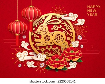 Zodiac de conejo CNY y linternas chinas colgantes. Nubes y fuegos artificiales, loto en flor y botánica. Traducción de texto de Año Nuevo Feliz con jeroglíficos de Character Fu. Vector en 3d estilo de corte de papel