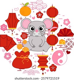 CNY rat mouse 2032 circle round composition vector typographic illustration of chinese new year traditional elements. vector graphic line illustration on transparent background. lunar lantern festival