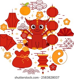 CNY vermelho Dragão 2036 círculo redondo composição vetor tipográfico ilustração de elementos chineses do ano novo tradicional. linha gráfica vetorial . festival lanterna lunar