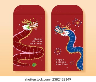 CNY red envelope element set isolated on beige background. With auspicious red and blue dragons.