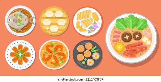 CNY reunion dinner set isolated on light orange background. Illustrated traditional dishes in flat lay perspective. Including fish, mullet roe, dumplings, taro balls, shrimps, chicken and hot pot.