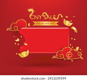 Oferta de descuento de promoción de venta de CNY con diseño de etiqueta de cupón con oro, dragón y nube chinos.