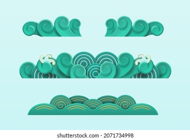 CNY sea or ocean waves 3D effect isolated set. Chinese traditional artwork, decorative ornament for greeting card or invitation. Happy new year symbols, wind blowing sign. Vector in flat style