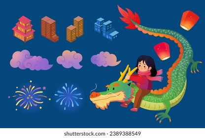 CNY set isolated on blue background. Girl on dragon, sky lanterns, buildings, clouds and fireworks.