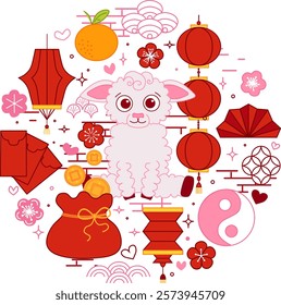 CNY sheep 2027 circle round composition vector typographic illustration of chinese new year traditional elements. vector graphic line illustration on transparent background
