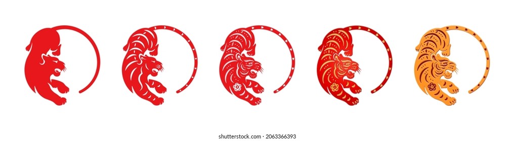 CNY tigers flat paper cut eastern chinese, japanese and korean new year signs isolated color animals with floral pattern. Vector spring festival oriental holidays mascot, zodiac and astrology symbols