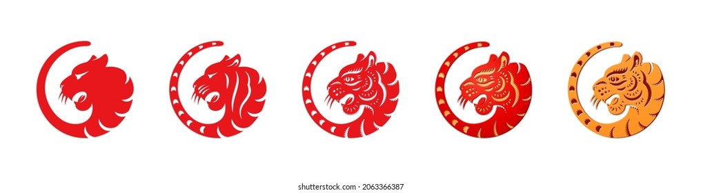 CNY tigers flat papercut animals isolated zodiac and astrology theme symbols. Vector eastern chinese, japanese and korean new year signs, spring festival oriental holidays mascot, head and long tail