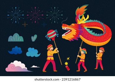 CNY traditional dragon dance element set isolated on dark blue background. 