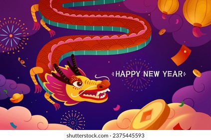 CNY year of the dragon card. Majestic dragon with wave pattern soaring on cloudy night sky with firework, confetti, and festive decors.