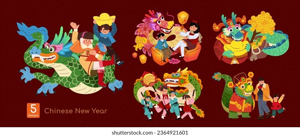 CNY Year of the dragon illustration set isolated on burgundy red background. People and dragon celebrating Chinese new year.