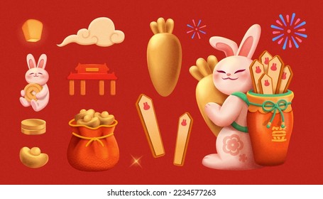 CNY Jahr des Kaninchenelements einzeln auf rotem Hintergrund. Einschließlich Kaninchen, Himmelslattern, Golden, Glücksstöcke, Tempel, Wolke, Feuerwerk und goldene Karotten.