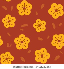 CNY Yellow peach blossom floral seamless pattern on red background. Hand drawn Chinese plum flowers illustration celebrate Lunar New Year. Good choices for fabric textile print, wallpaper, card.