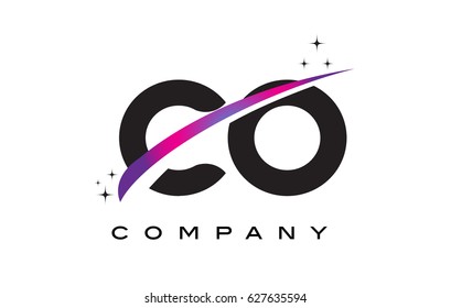 CO C O Black Letter Logo Design with Purple Magenta Swoosh and Stars.