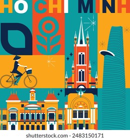 Co Chi Minh culture travel set, video split screen, famous architecture in flat design. Business travel, tourism concept clipart. Image for presentation, banner, website, advert, flyer, roadmap, icon