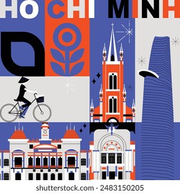 Co Chi Minh culture travel set, video split screen, famous architecture in flat design. Business travel, tourism concept clipart. Image for presentation, banner, website, advert, flyer, roadmap, icon