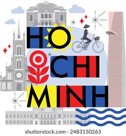 Co Chi Minh culture travel set, video split screen, famous architecture in flat design. Business travel, tourism concept clipart. Image for presentation, banner, website, advert, flyer, roadmap, icon