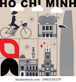 Co Chi Minh culture travel set, video split screen, famous architecture in flat design. Business travel, tourism concept clipart. Image for presentation, banner, website, advert, flyer, roadmap, icon