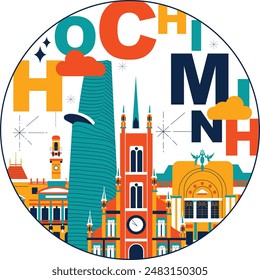 Co Chi Minh culture travel set, video split screen, famous architecture in flat design. Business travel, tourism concept clipart. Image for presentation, banner, website, advert, flyer, roadmap, icon