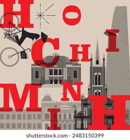 Co Chi Minh culture travel set, video split screen, famous architecture in flat design. Business travel, tourism concept clipart. Image for presentation, banner, website, advert, flyer, roadmap, icon