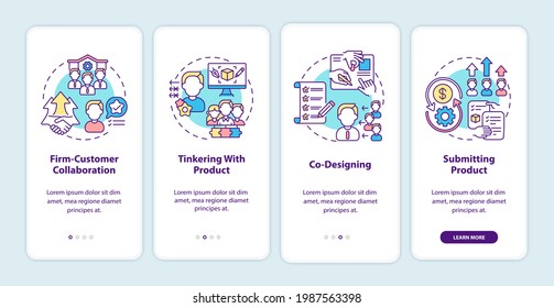 Co creation types onboarding mobile app page screen with concepts. Firm-customer collaboration, co-designing walkthrough 4 steps graphic instructions. UI vector template with RGB color illustrations