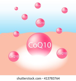 Co enzyme-Q10 in cream treatment absorb on the human skin with white glow light absorption infographic vector 