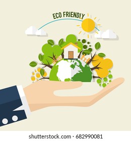 CO FRIENDLY. Ecology concept with Green Eco Earth and Trees. Vector illustration