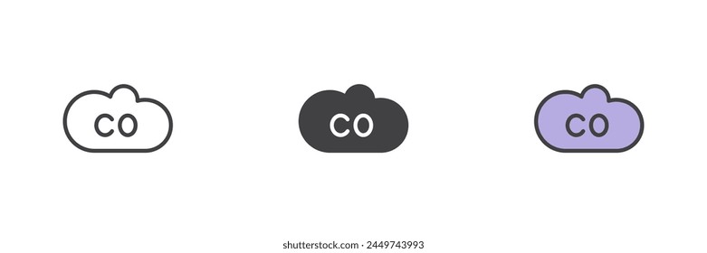 CO gas cloud different style icon set. Line, glyph and filled outline colorful version, outline and filled vector sign. Carbon monoxide formula symbol, logo illustration. Vector graphics