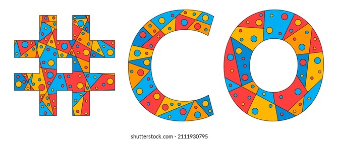 CO Hashtag. Mosaic isolated text. Letters from pieces of triangles, polygons and bubbles. #CO is abbreviation for the US American state Colorado for print, clothing, t-shirt, poster, banner, flyer.