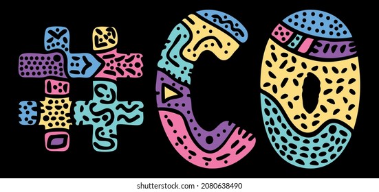 CO Hashtag. Multicolored bright isolate curves doodle letters. Hashtag #CO is abbreviation for the US American state Colorado for social network, web resources, mobile apps.