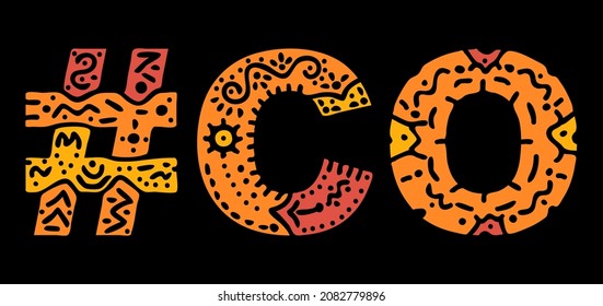 CO Hashtag. Multicolored bright isolate curves doodle letters. Hashtag #CO is abbreviation for the US American state Colorado for social network, web resources, mobile apps.
