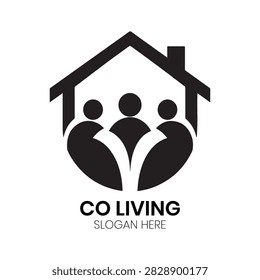 Co Living logo portrays an interconnected group of people sheltered beneath a clean geometric home structure, emphasizing communal harmony. This professional residential design is ideal for community-driven real estate platforms, shared housing developments, neighborhood associations, or urban accommodation startups.