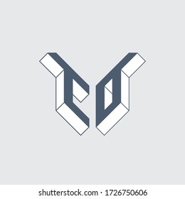 CO - monogram or logotype. Isometric 3d font for design. Volume alphabet. Three-dimension letters C and number 0. T-shirt print.