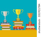 Co relation between studying and success with gold, silver and bronze trophies on books vector concept