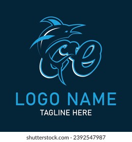 CO shark logo design vector. Cartoon shark mascot on navy background. 
Shark esport mascot logo design. Editable letter shark logo design for company