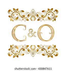 C&O vintage initials logo symbol. The letters are surrounded by ornamental elements. Wedding or business partners monogram in royal style.