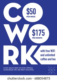 Co Work Poster Design with Pricing and Text Box Template. Coworking concept.