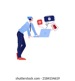 Co worker working on laptop and desktop and providing support to customer vector illustration