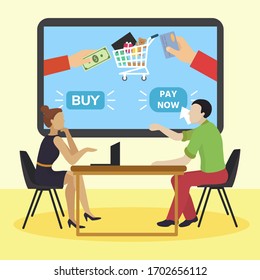 Co workers meeting on business dinner, colleagues consultation online marketing, flat vector illustration. Character male, female training how buy, sell in internet, web realization advice.