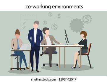 co working environments office center people talking and working business make money with investment meeting share ideas flat design style vector illustration